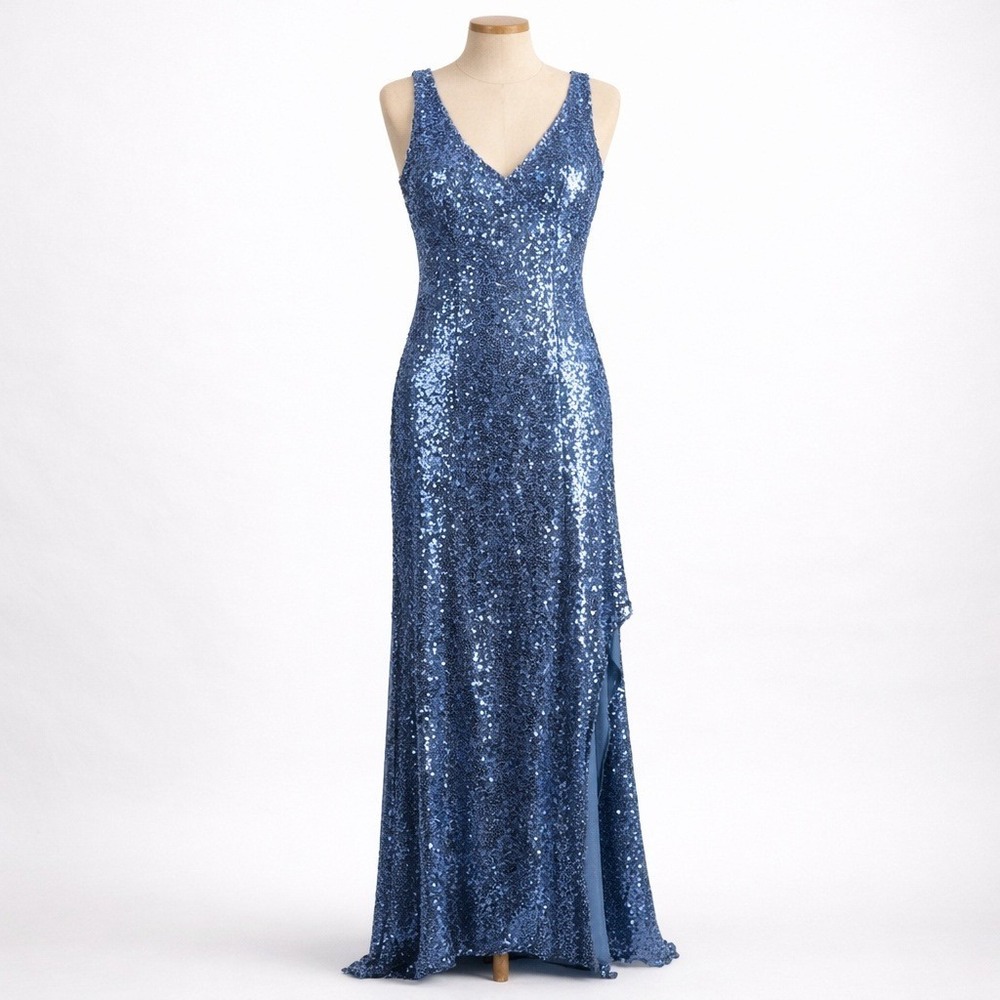 Sequin V Neck High Slit Maxi Dress Size M Formal Gown Sheer Side‎ Prom Event Y2K